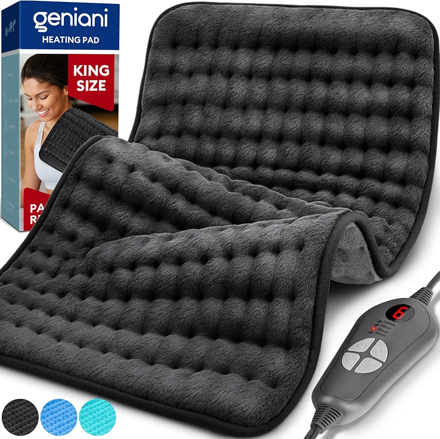 GENIANI Double Sided XL Heating Pad Electric for Lower Back Pain & Period Cramps Relief, Heat Pad with 6 Heat Settings for Neck & Shoulders, Heat Patches (12"x24" Jet Black)