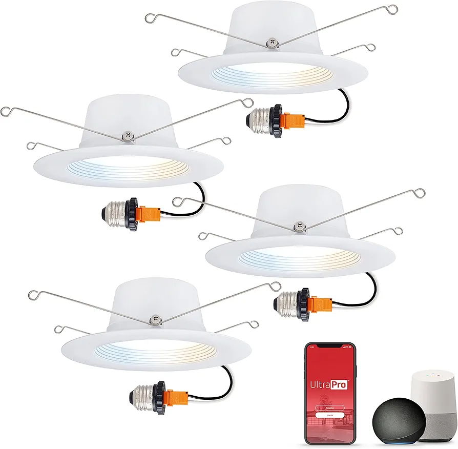 UltraPro Wi-Fi LED Smart Light Bulb, Downlight, 65W Equivalent, RGB, Color Changing, White Tunable 2700K - 6500K, Dimmable, 2.4GHz Router Required, Circadian Rhythm, Easy-to-Use App, 4 Pack, 51465