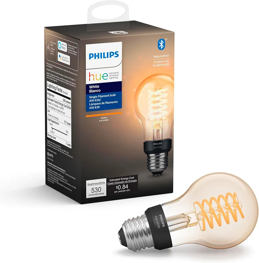 Philips Hue White Dimmable Filament A19 Smart Edison Vintage LED Bulb, Bluetooth & Hub Compatible (Hue Hub Optional), Voice Activated with Alexa