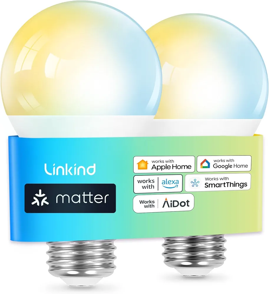 Linkind Matter Smart Light Bulb, Soft White to Daylight Tunable Smart Bulbs, Alexa Light Bulbs, Work with Apple Home, Alexa, Google Home, SmartThings, 2.4GHz Wi-Fi LED, A19 E26, 800LM, 60W (2-Pack)