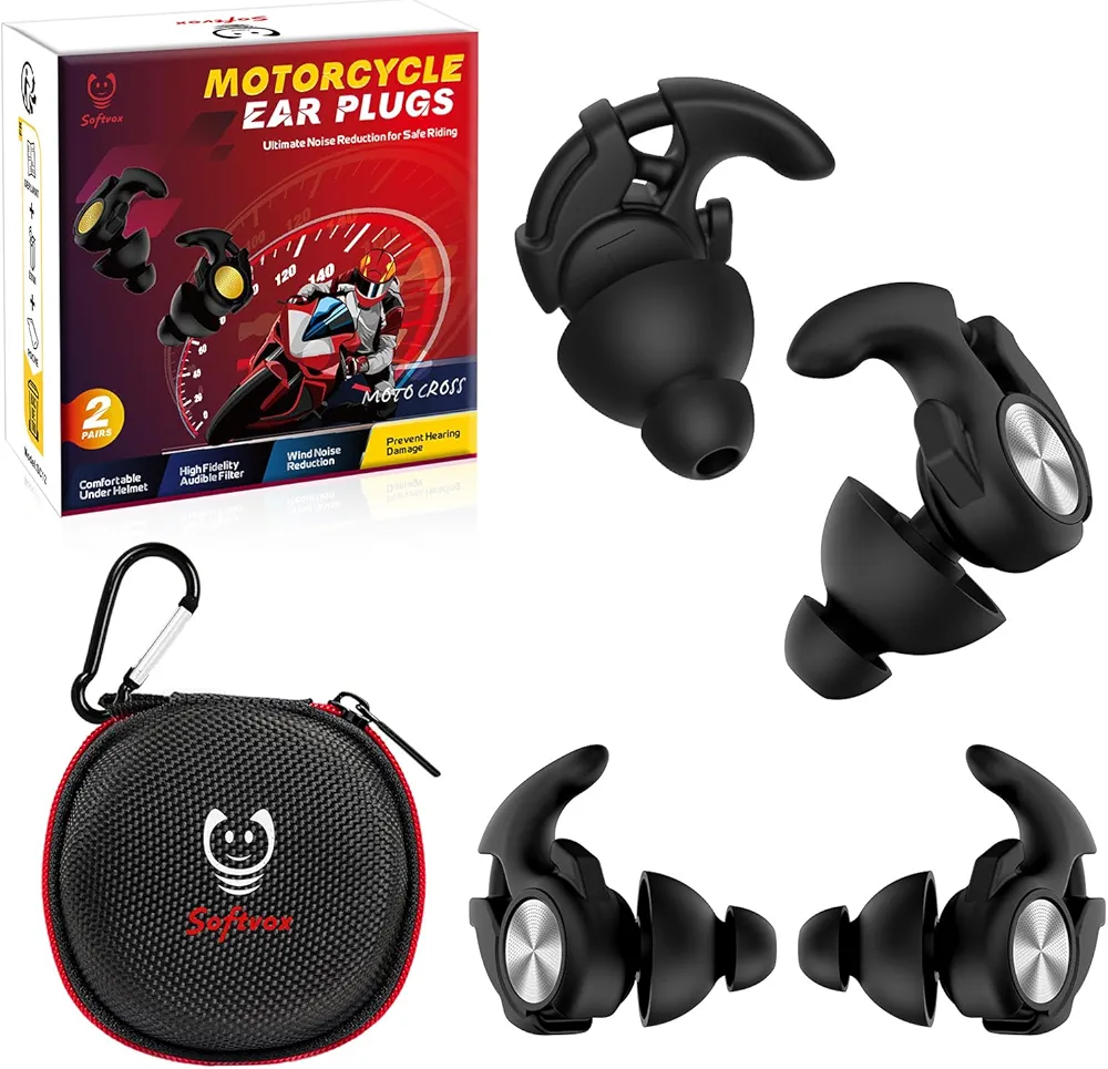 Motorcycle Ear Plugs 2 Pairs, Wind Noise Reduction & Premium Hearing Protection, 27dB Reusable Earplugs for Motor, Motorbike, Motorsports, Touring, Racing, Riding- 2 Sizes, Black
