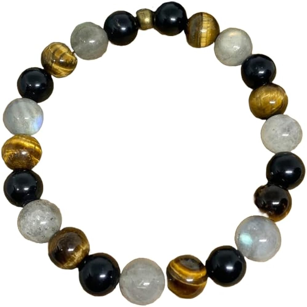 Natural Tiger eye, Black obsidian, Labradorite 4mm rondelle smooth 7inch Semi-Precious Gemstones Beaded Bracelets for Men Women Healing Crystal Stretch Beaded Bracelet Unisex