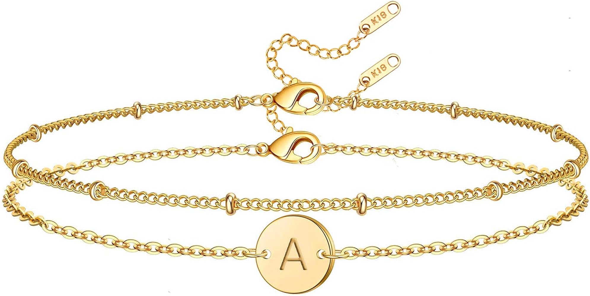 Glimmerst Initial Bracelet for Women, 18K Gold Plated Stainless Steel Layered Coin Letter Bracelet Beaded Chain Personalized Name Bracelet