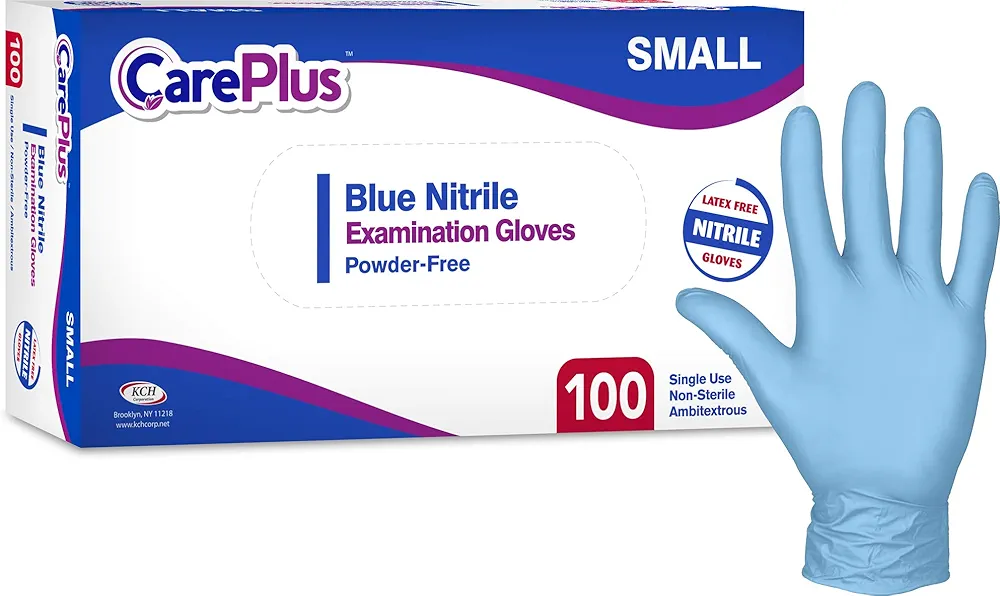Care Plus [200 Count Small Size] Medical Grade Examination Nitrile Blue Gloves, 3 Mill, Rip Resistant, Powder Allergy and Latex Free, Non Sterile, Single Use, 2 Pack