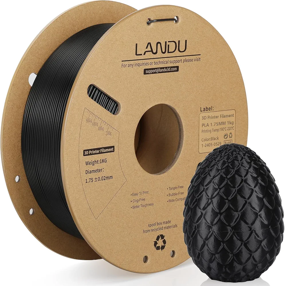 LANDU PLA Filament 1.75mm Black 1KG, 3D Printer Filament 1kg Cardboard Spool(2.2lbs), Dimensional Accuracy +/- 0.02mm, Neatly Wound PLA 3D Printing Filament Fits for Most FDM 3D Printers, Black PLA