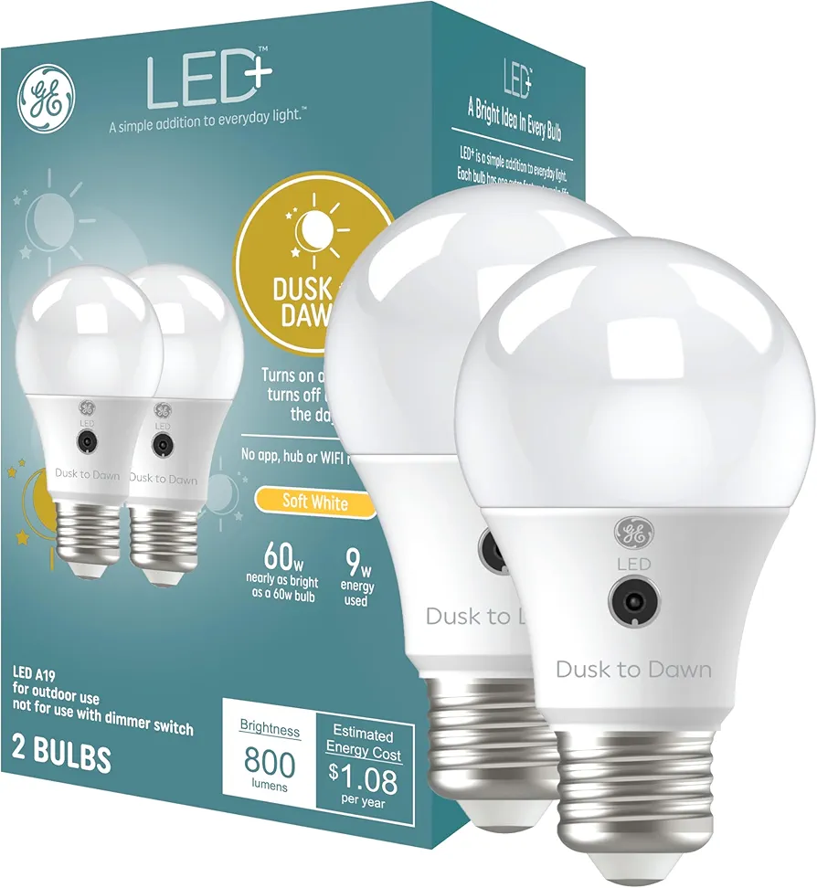 GE LED+ A19 Dusk to Dawn LED Light Bulb, Automatic On/Off Outdoor Security Light, Daylight (2 Pack)