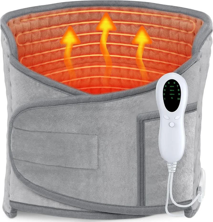 Heating Pad for Back - Pain Relief Fast Heating Waist Abdomen Heating Belt with Magic Tape, Ten-Level Temperature Control, Timing Auto Shut Off Heating Pad Grey