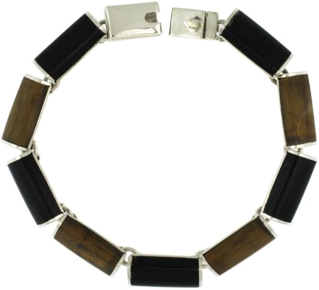 Sterling Silver Black Obsidian & Tiger Eye Stone Bar Link 7 Bracelet 3/8 inch Wide,