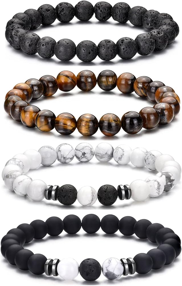 RANKEEF Tiger Eye Bracelet For Men 8MM Natural Stone Beads Bracelet Set Stretch Lava Rock Bracelets Adjustable Black Crystal Beaded Bracelet for Men Women Gifts