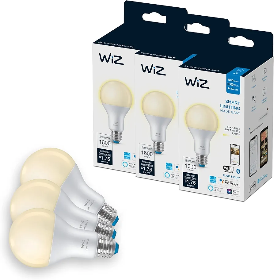 WiZ 100W Eq. (14.5W) A21 Soft White LED Smart Bulb - Pack of 3 - E26, Indoor - Connects to Your Existing Wi-Fi - Control with Voice or App + Activate with Motion - Matter Compatible