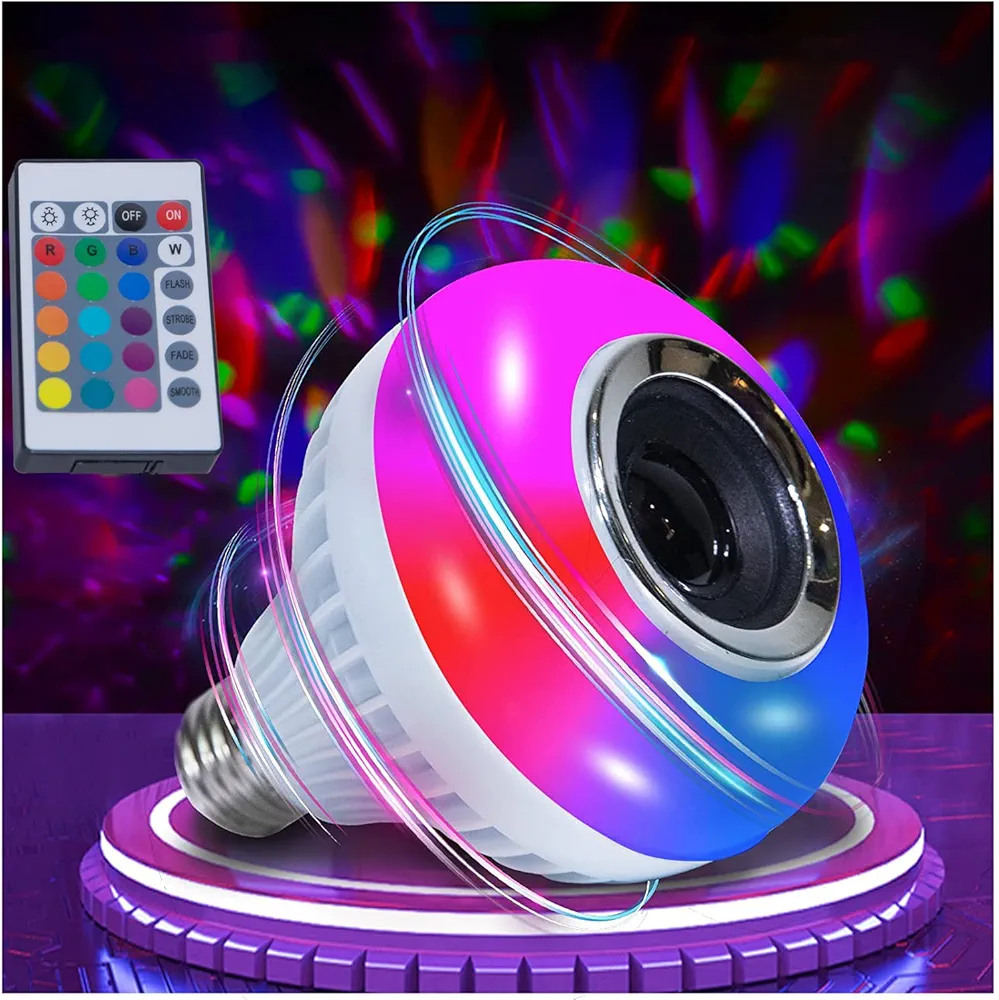 AIDENOEY LED Music Light Bulb with Built-in Bluetooth Speaker,E26 Base Wireless12W Single Smart Light Bulb,Remote Control White+RGB Colors Speaker Bulb for Party, Home, Christma Decorations