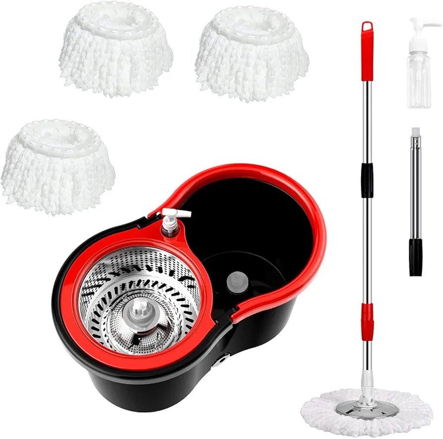 Mop and Bucket with Wringer Set 360° 3psc Microfiber Spin Mop with Bucket and Dual Mop Heads Self Wringing Spinning Mop (20QT) (1)