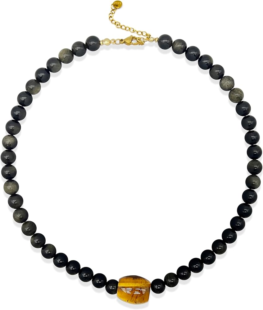 Womens Tiger Eye Pendant Necklace,Mens Black Obsidian Beaded Choker,Simple Meaningful Jewelry 14 + 2" Extender,