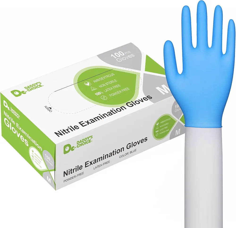 Daddy's Choice Medical Nitrile Examination Gloves Medium, Pack of 100，Disposable Exam Gloves, Powder Free Latex Free Rubber, Non-Sterile, Food Safe, Ultra-Strong