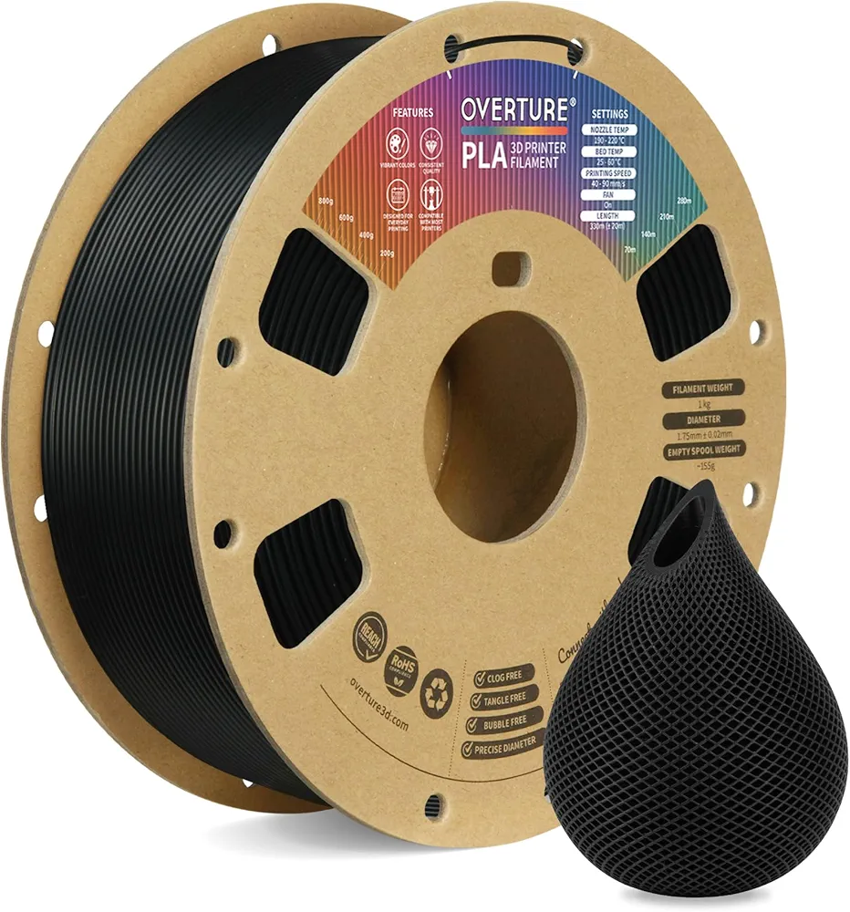 OVERTURE PLA Filament 1.75mm PLA 3D Printer Filament, 1kg Cardboard Spool (2.2lbs), Dimensional Accuracy +/- 0.02mm, Fit Most FDM Printer (Black 1-Pack)