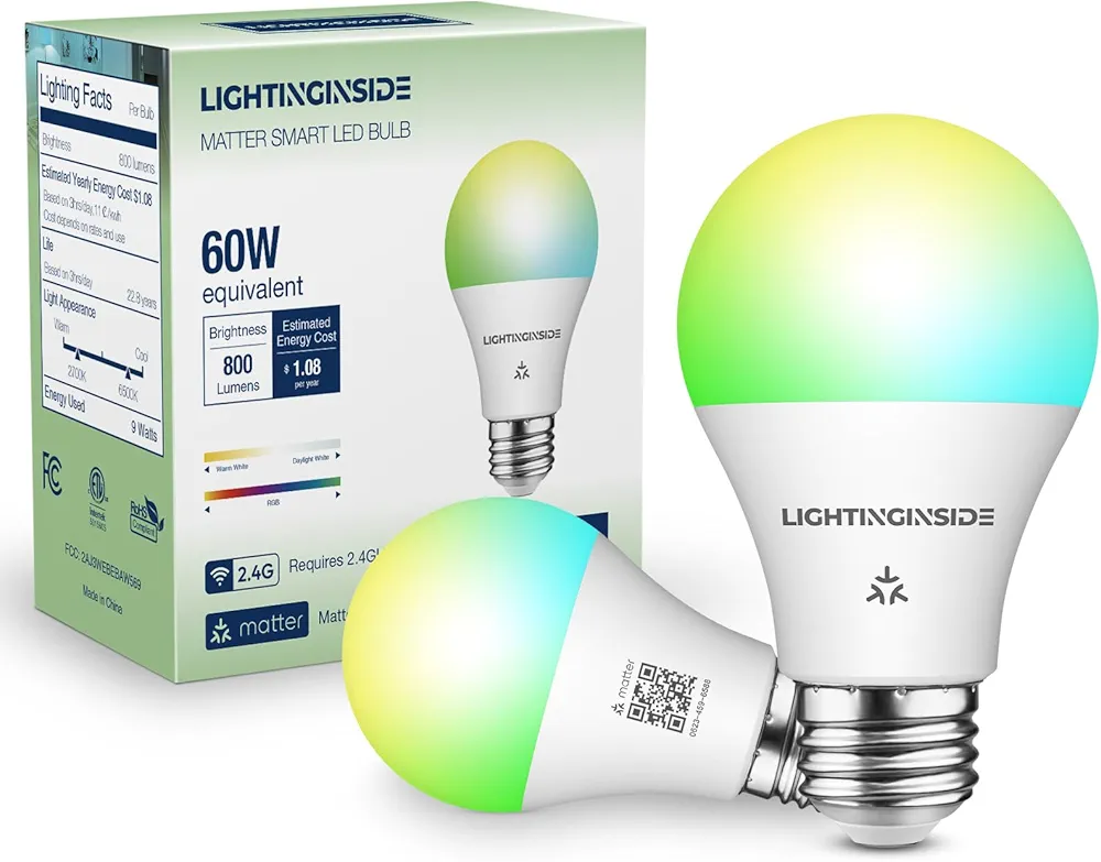 Matter Smart Light Bulbs Compatible with Alexa/Siri/Apple Home/Google Home/SmartThings, A19 E26 WiFi RGBCW Color Changing Light Bulb 60W Equivalent 800LM 9W, 2.4G WiFi, ETL Listed, 2PCS