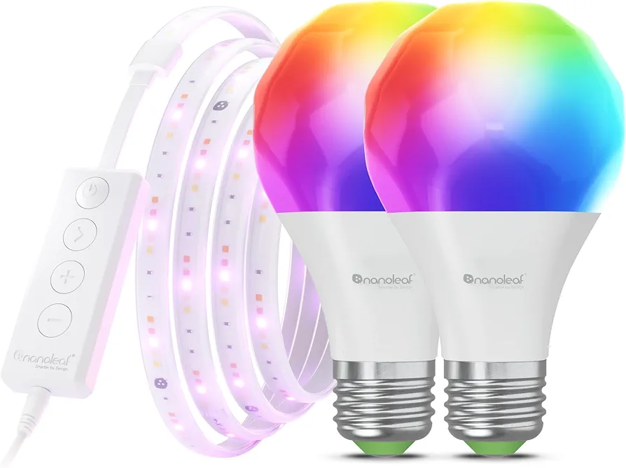 Nanoleaf Essentials Matter Bluetooth & Thread Smart LED A19 Lightbulb (2PK) and Lightstrip 80" Smarter Kit (2m) - RGB & Whites, Controller, App & Voice Control (Works with Apple Home, Google Home)