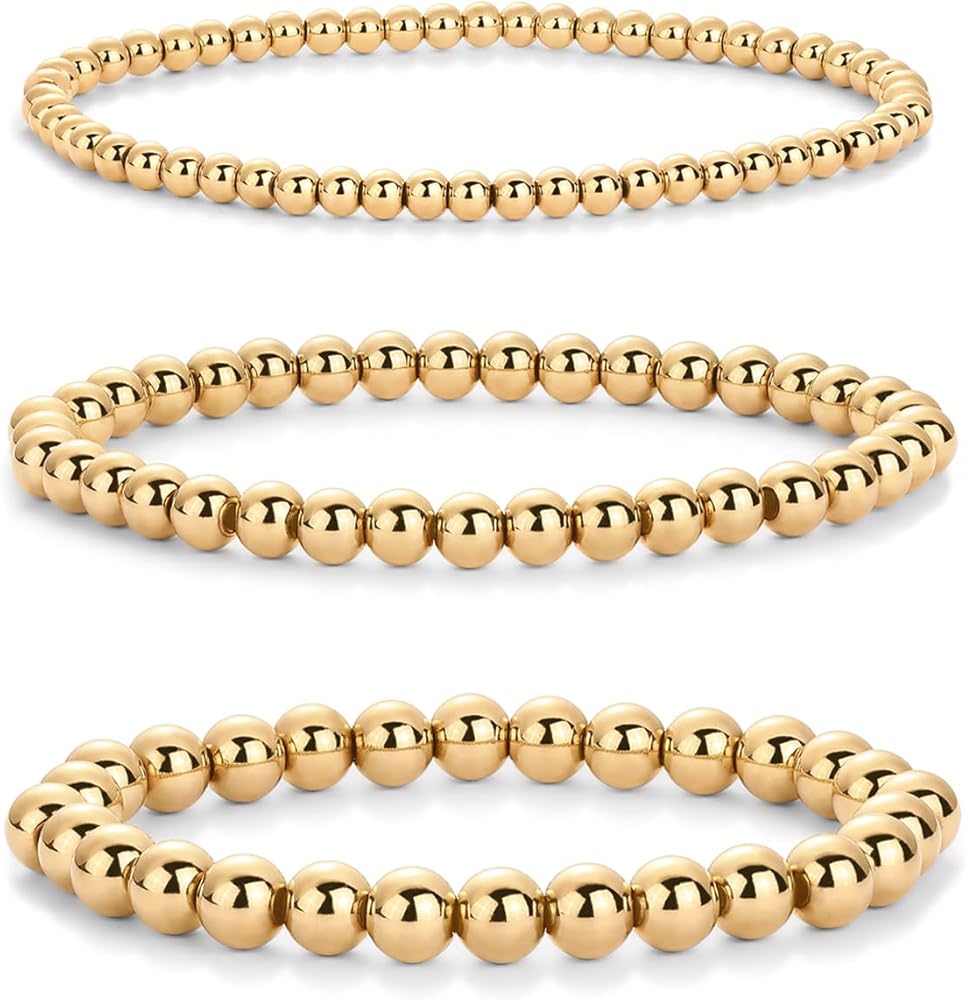 PAVOI 14K Gold Plated Beaded Bracelet Pack for Women | Stainless Steel 3-Piece Stretchy Bracelet Set | Waterproof Ball Trio