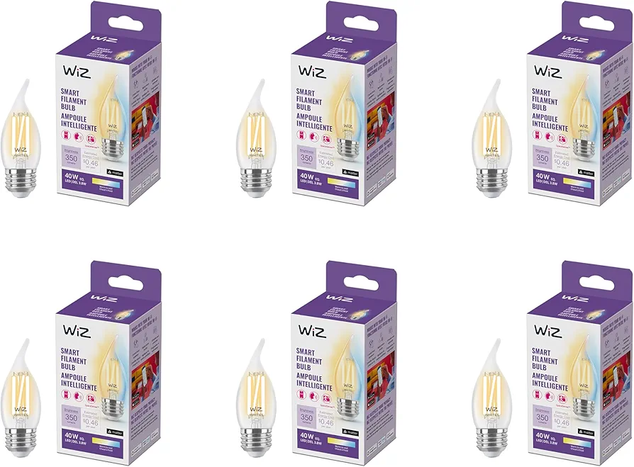 WiZ Clear 40W BA11 Tunable White Filament LED Smart Candle-Shaped Bulb - Pack of 6 - E26- Indoor - Connects to Your Existing Wi-Fi - Control with Voice or App - Matter Compatible