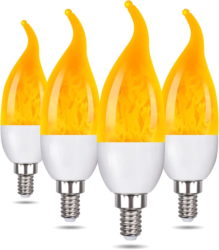 Venforze E12 Flame Bulbs 4 Pack, 3 Mode LED Candelabra Flame Light Bulb 2W, 3 Year, 71 Lumens,1400k Warm White Candle Light Bulbs, Flame Tip for Christmas Party Decorations