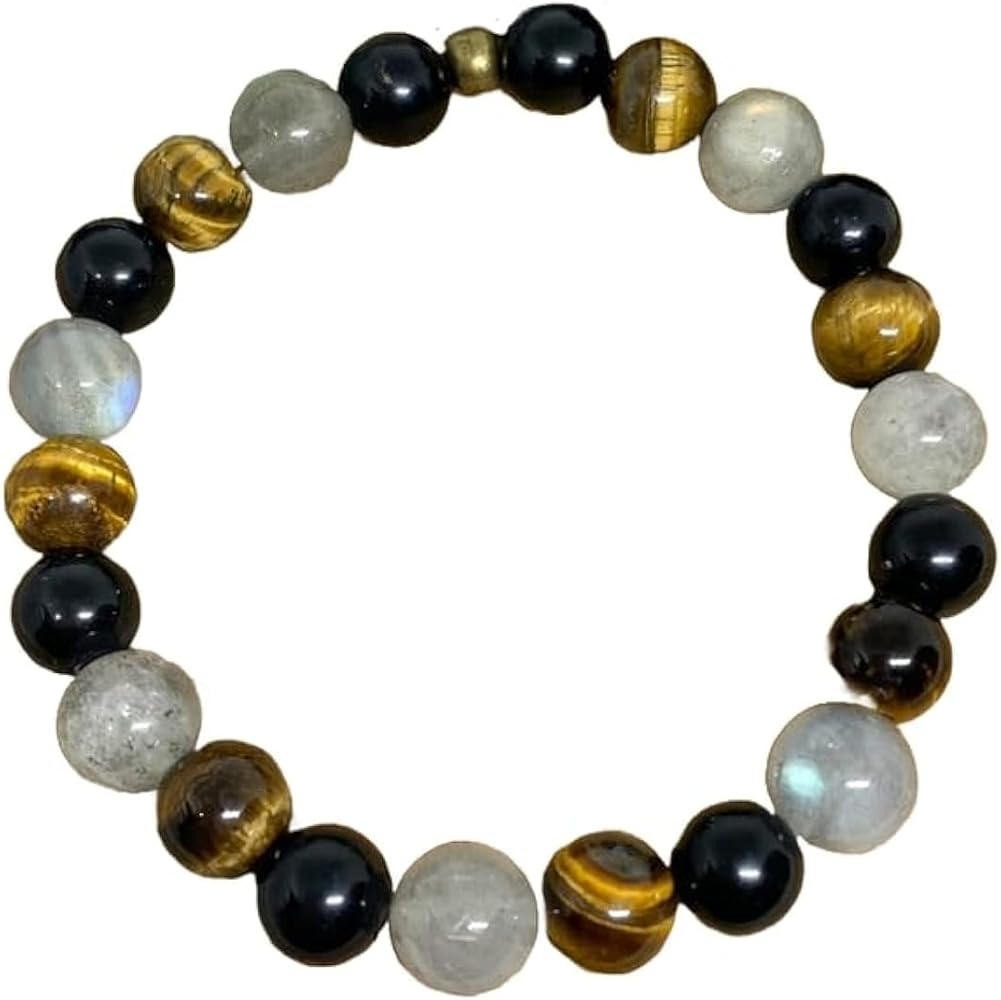 Natural Tiger eye, Black obsidian, Labradorite 6mm rondelle smooth 7inch Semi-Precious Gemstones Beaded Bracelets for Men Women Healing Crystal Stretch Beaded Bracelet Unisex
