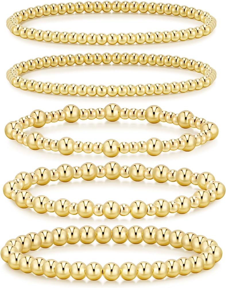 adoyi Gold Bracelets for Women, 14K Gold Plated Beaded Bracelets Gold Stretch Bead Ball Bracelet stack Set Adjustable Bracelet Set Jewelry for Gifts