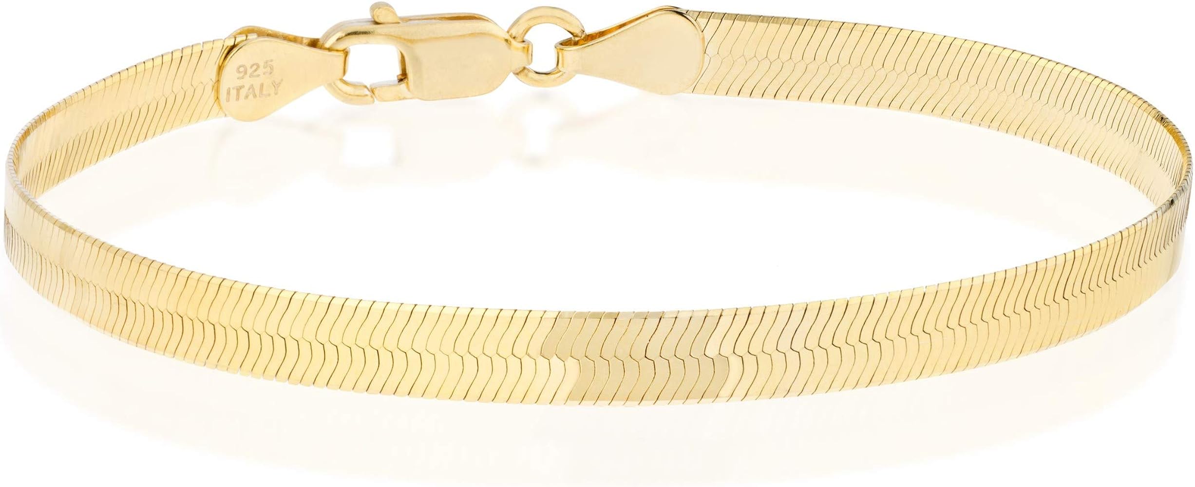 Miabella 18K Gold Over 925 Sterling Silver Italian Solid 4.5mm Flexible Flat Herringbone Link Chain Bracelet for Women Men, Made in Italy