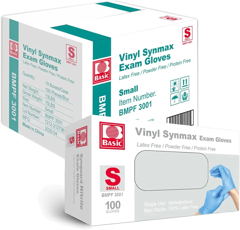 Basic Medical Synmax Vinyl Exam Gloves - Latex-Free & Powder-Free - Small, BMPF-3001(Small (Pack of 1000)),Blue
