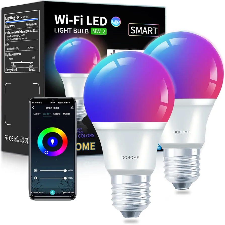 Matter Smart Light Bulbs, Smart Bulb 9W 900LM Work with Alexa, Matter, Apple Home, Google Home 2.4GHz WiFi Bluetooth Light Bulb, Music Sync A19 E26 RGBWW Color Changing LED Light Bulb 2Pack