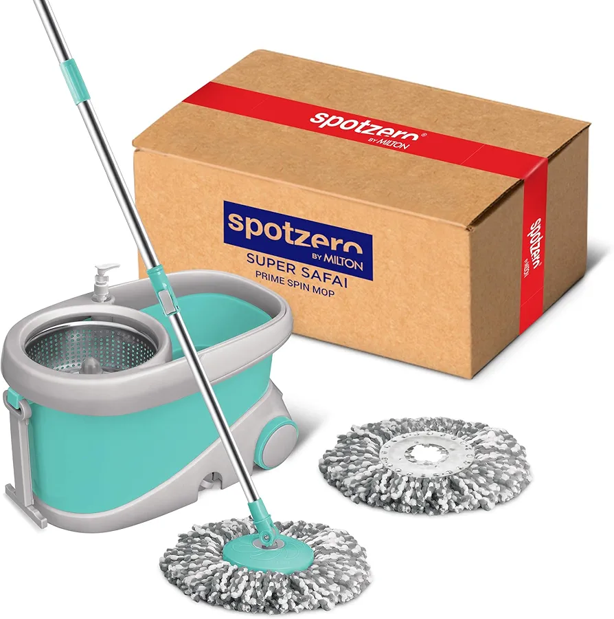 Spotzero by Milton Mop and Bucket with Wringer Set for Home, 360º Spin Mop and Bucket System with Microﬁber Technology, Height Adjustable Handle, Kitchen Mop Floor Cleaning Prime Spin Mop