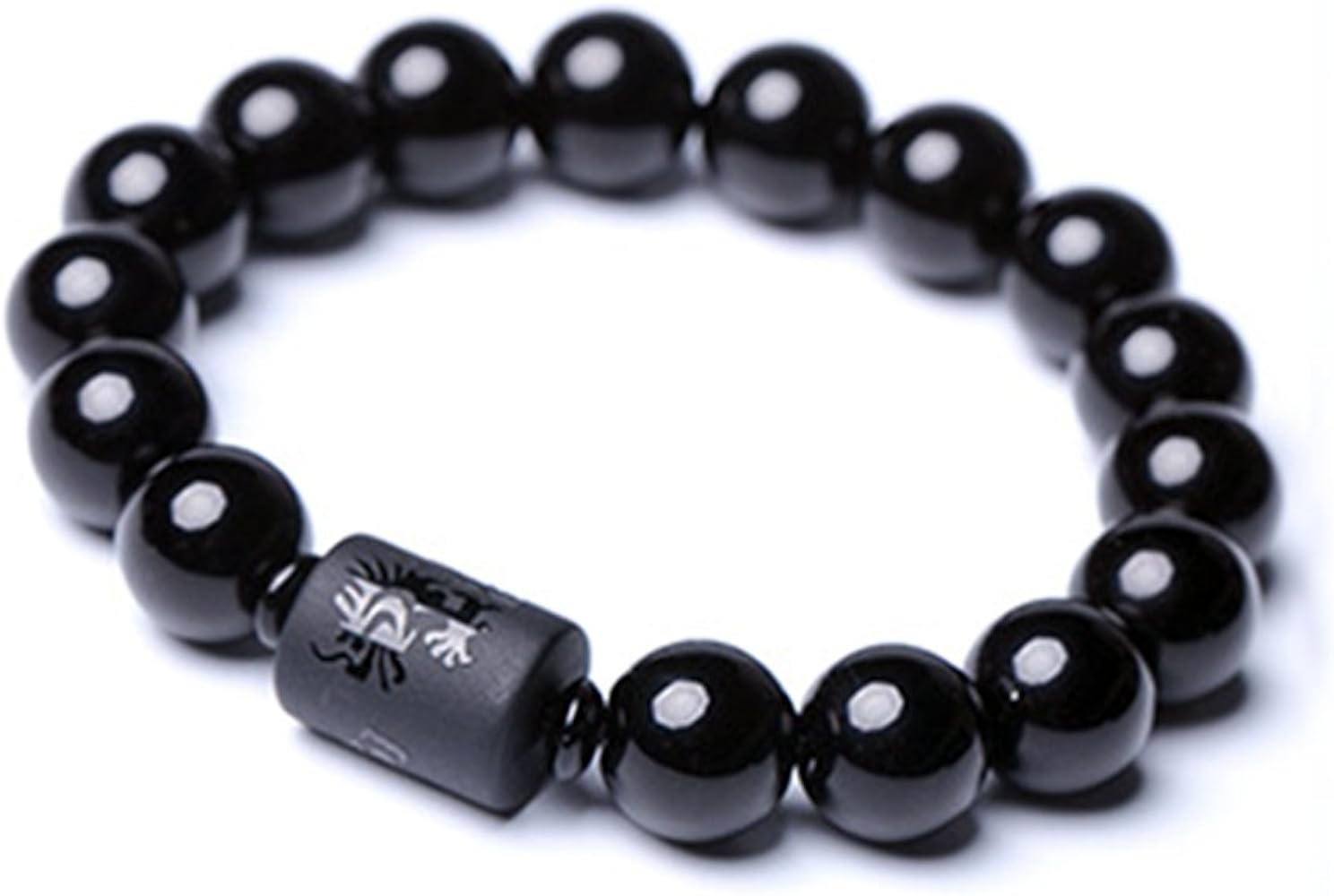 Natural Obsidian Stone Bead Bracelet Couple Men 10mm and Women 8mm Dragon and Phoenix Totem Jewelry