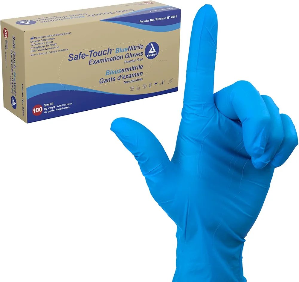 Dynarex Safe-Touch Disposable Nitrile Exam Gloves, Powder-Free, Latex-Free, Touchscreen Friendly, Blue, Small, 1 Box of 100 Disposable Nitrile Gloves