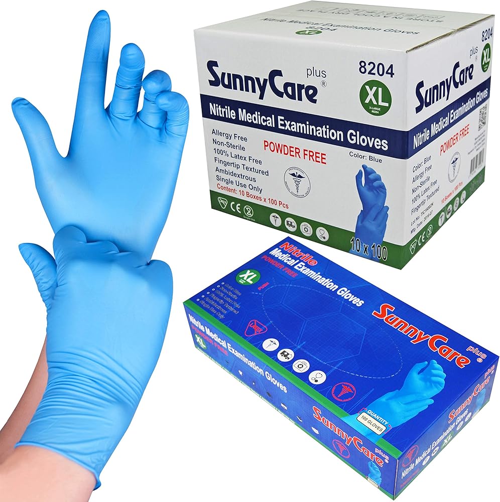 1000 SunnyCare #8204 Blue Nitrile Medical Exam Gloves Powder Free Chemo-Rated (Non Vinyl Latex) 100/box;10boxes/case Size: X-Large