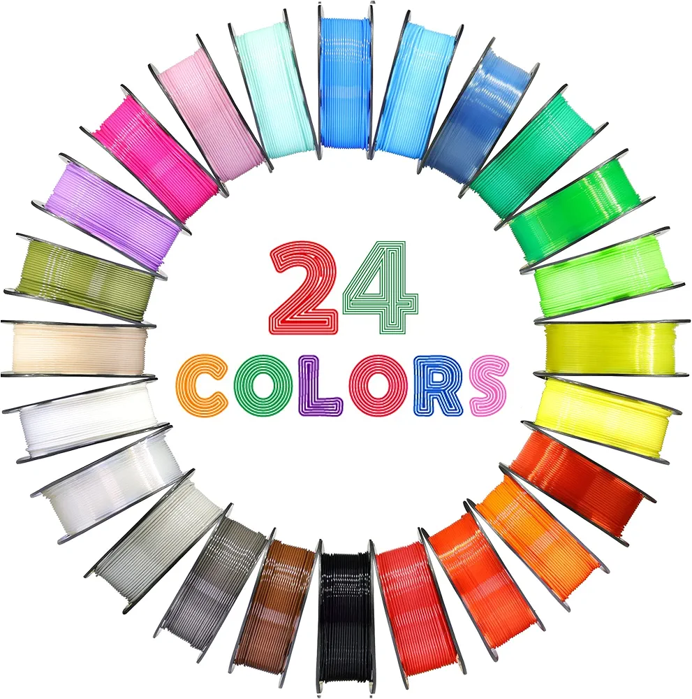 MIKA3D 24 Spools PLA 3D Printing Filament Bundle Pack, 1.75mm PLA Filament with 24 Beautiful Unique Colors, Each Spool 0.25kg, Total 6Kg 3D Printing PLA Material with Extra 3D Printer Tool