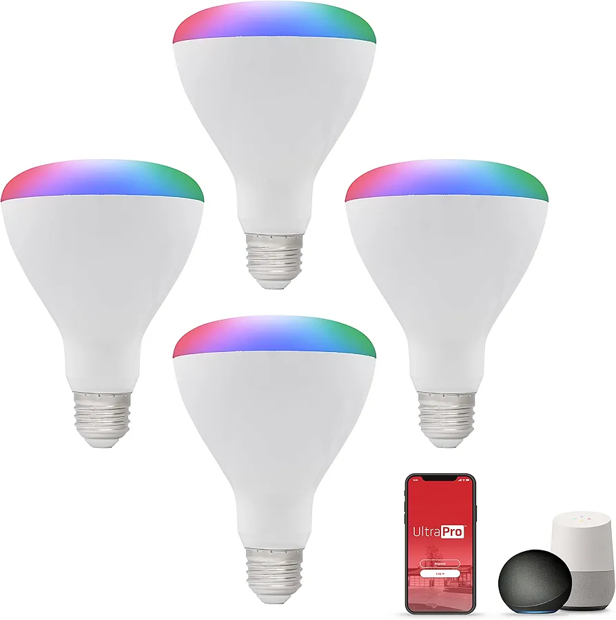 UltraPro Wi-Fi LED Smart Light Bulb, BR30, 65W Equivalent, RGB, Color Changing, White Select Tunable 2700K - 6500K, Dimmable, 2.4GHz Router Required, Circadian Rhythm, Easy-to-Use App, 4 Pack, 51458