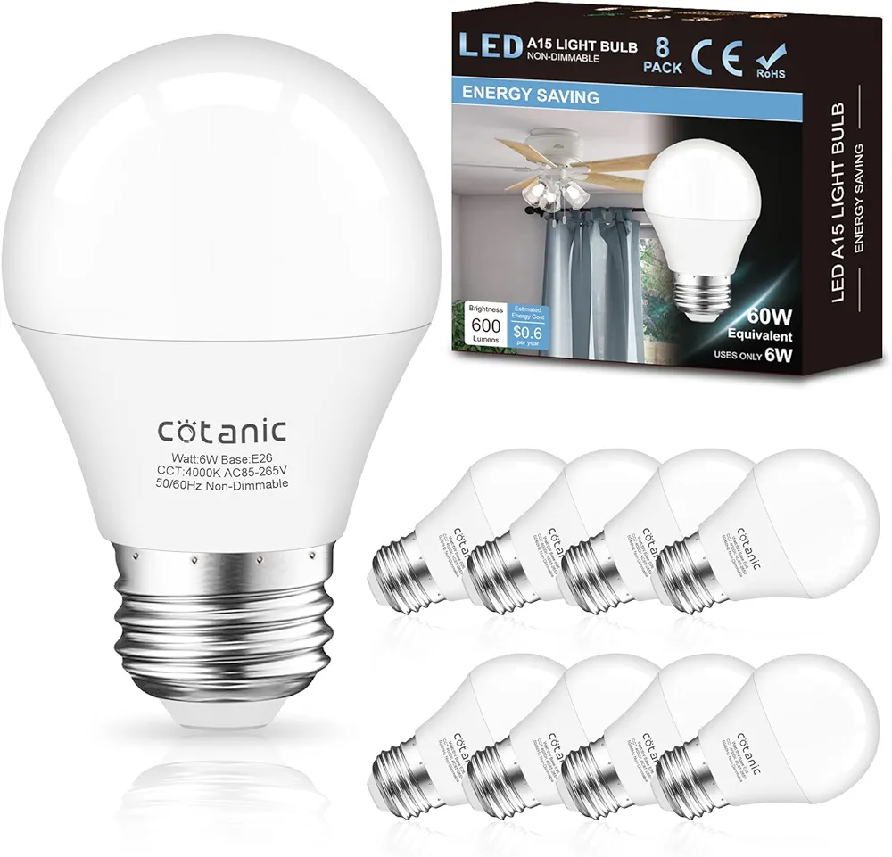 Cotanic 8 Pack A15 LED Ceiling Fan Light Bulbs 4000K Natural Daylight, 6W Small Light Bulb for Chandelier 60W Equivalent, E26 Standrad Base, 600lm, CRI 80+, Non-Dimmable