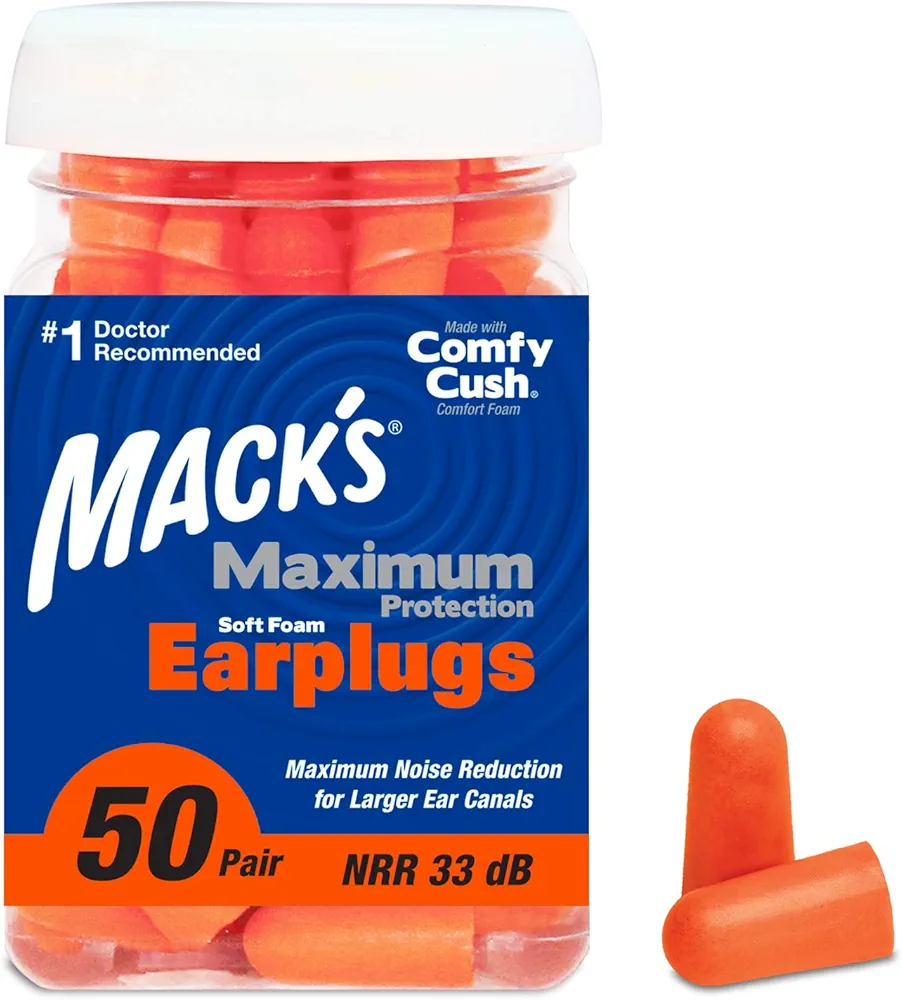 Mack’s Maximum Protection Soft Foam Earplugs – 50 Pair, 33 dB Highest NRR – Comfortable Ear Plugs for Sleeping, Snoring, Loud Concerts, Motorcycles and Power Tools | Made in USA