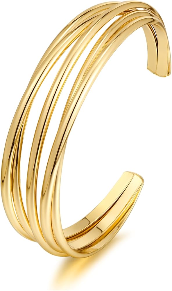 Gold Cuff Bracelet for Women Chunky Multi-layer Cross Wire Open Bracelet Hollow Wide Cuff Bracelets Adjustable Gold Open Cuff Bangle Bracelet