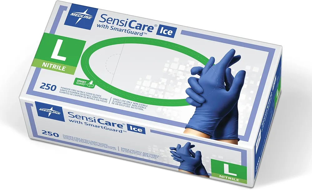 Medline SensiCare Ice Blue Nitrile Exam Gloves, 2500 Count, Large, Powder Free, Disposable, Not Made with Natural Rubber Latex, Multi-use for Every Task