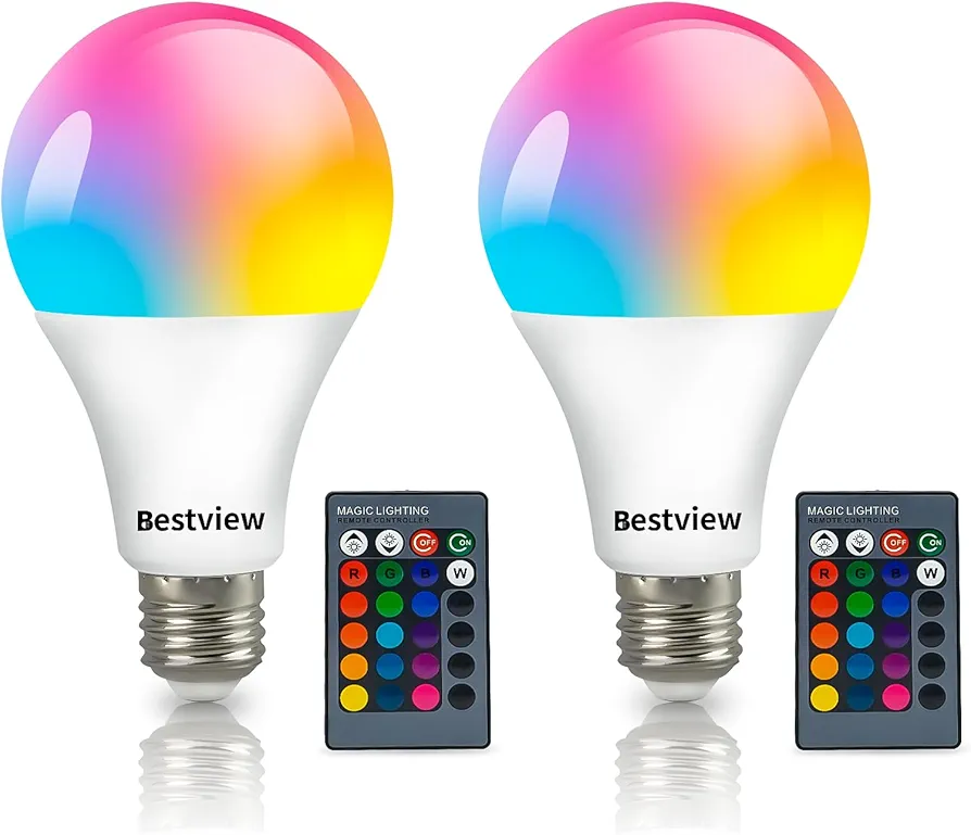 Bestview RGB LED Light Bulb, Color Changing Light Bulbs with Remote Control, RGBW Warm White 5W E27 Screw Base,Mood Light Flood E26 Light Bulb-16 Color Choices for Home Party Bedroom Outdoor(2 Pack)