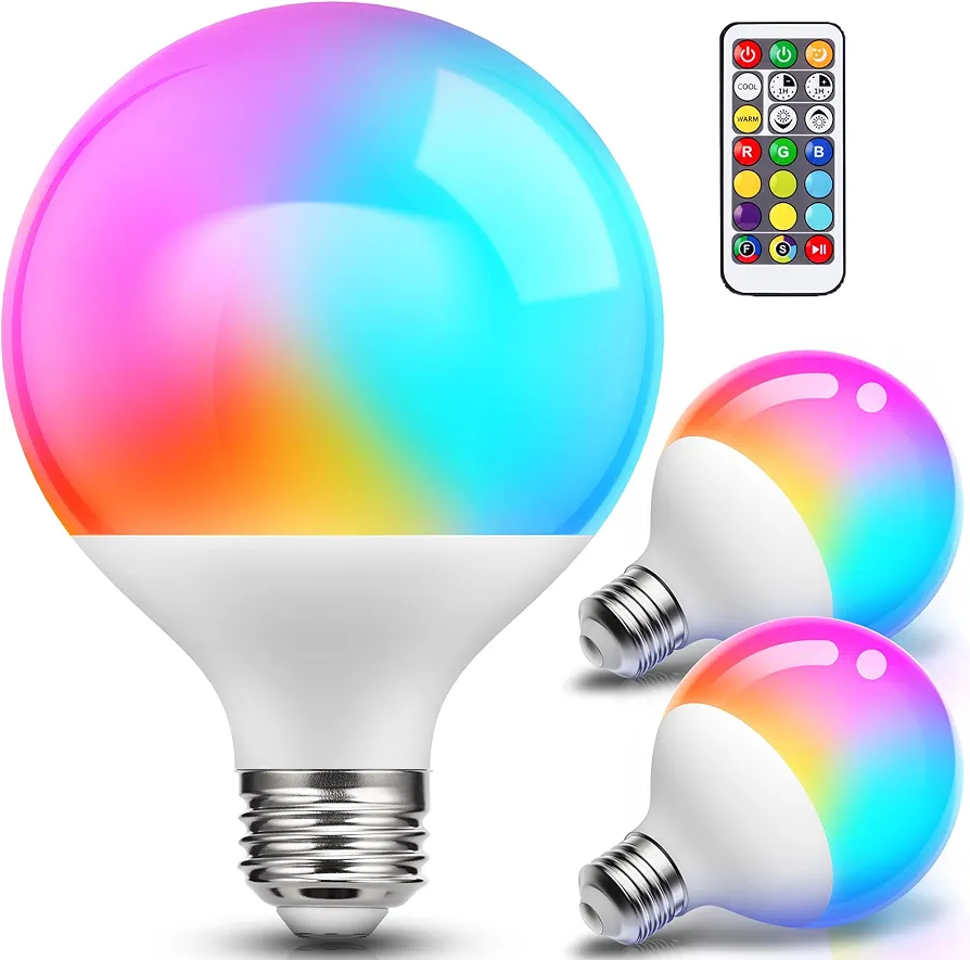 JandCase G25 Globe Light Bulb Color Changing, LED Color Light Bulb with Remote, Multi-Color Light Bulb for Christmas, E26 8W Equivalent 60W, RGB+Warm+Cool Light Bulb for Party, Lampshade, 3 Pack