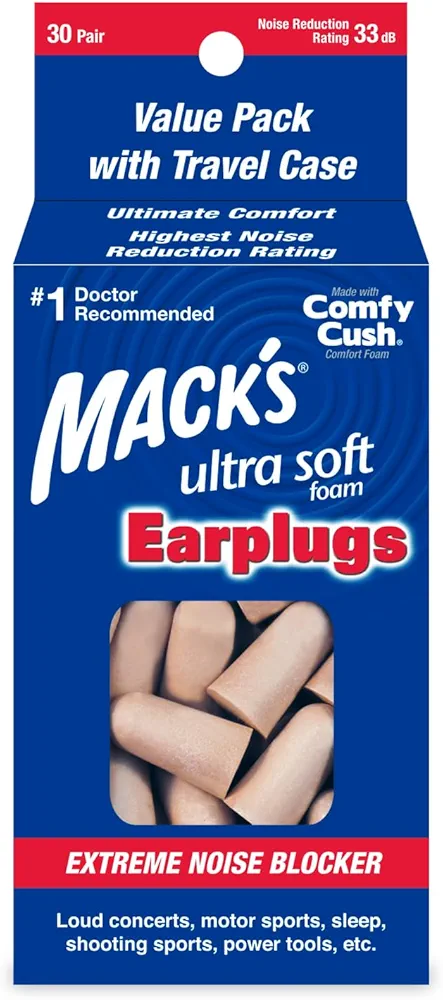 Mack's Ultra Soft Foam Earplugs, 30 Pair - 33dB Highest NRR, Comfortable Ear Plugs for Sleeping, Snoring, Travel, Concerts, Studying, Loud Noise, Work | Made in USA