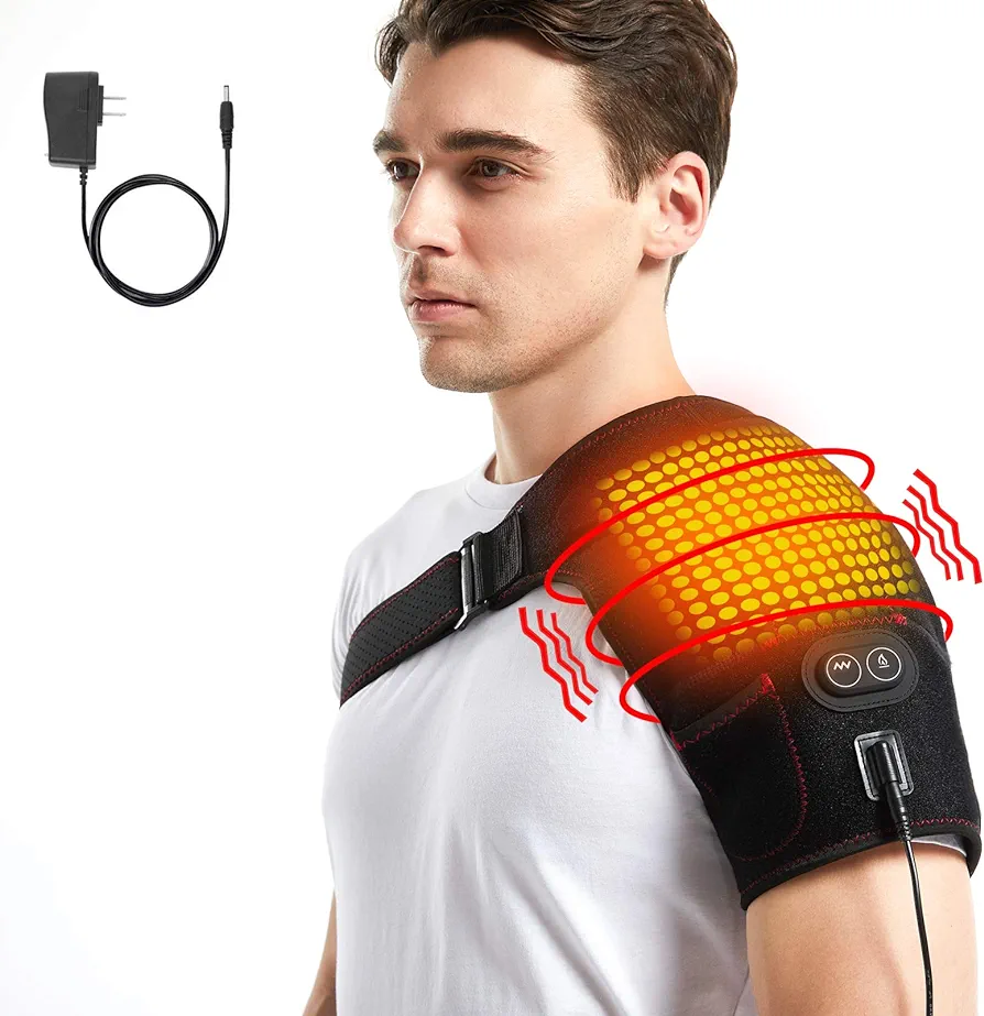 Heated Shoulder Wrap with Massage, Electric Shoulder Massager Heating Pad for Men Women Frozen Shoulder Pain Relief with AC Adapter (Black)