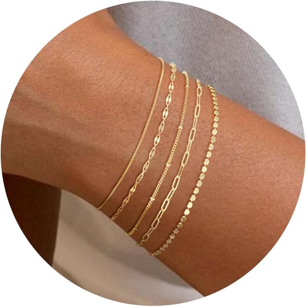 MBW Gold Bracelets for Women Trendy, Dainty 14K Gold Plated Bracelet Stack Beaded Chain Bracelet Set Thin Small Cute Paperclip Bracelets Fashion Waterproof Jewelry Gift Gold Accessories for Women