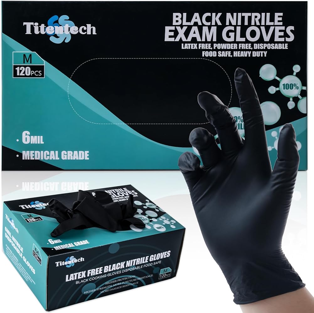 Black Nitrile Exam Gloves 6 mil Nitrile Disposable Gloves Food Grade 120PCS,Medical,Heavy Duty,Powder Free