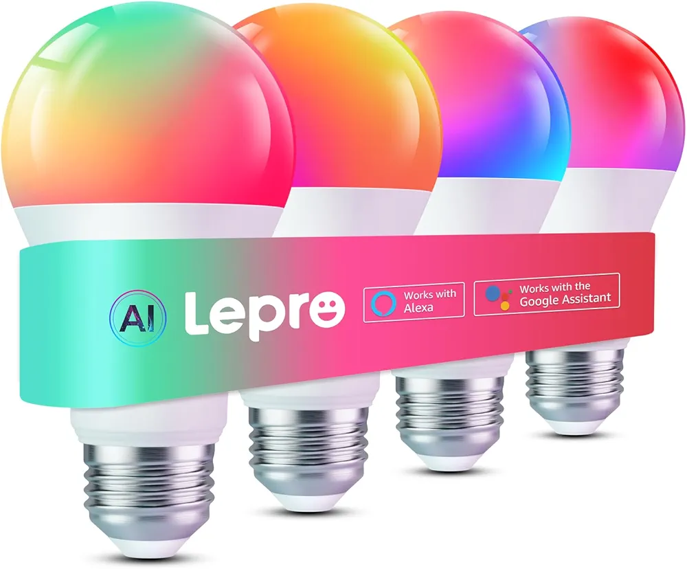 Lepro B2 AI Smart Light Bulbs - 1100LM WiFi & Bluetooth RGBWW Color Changing LED Bulb, Works with Alexa & Google Assistant, AI Generated Lighting, AI Voice Control, Music Sync, 2.4GHz Only, 4 Pack