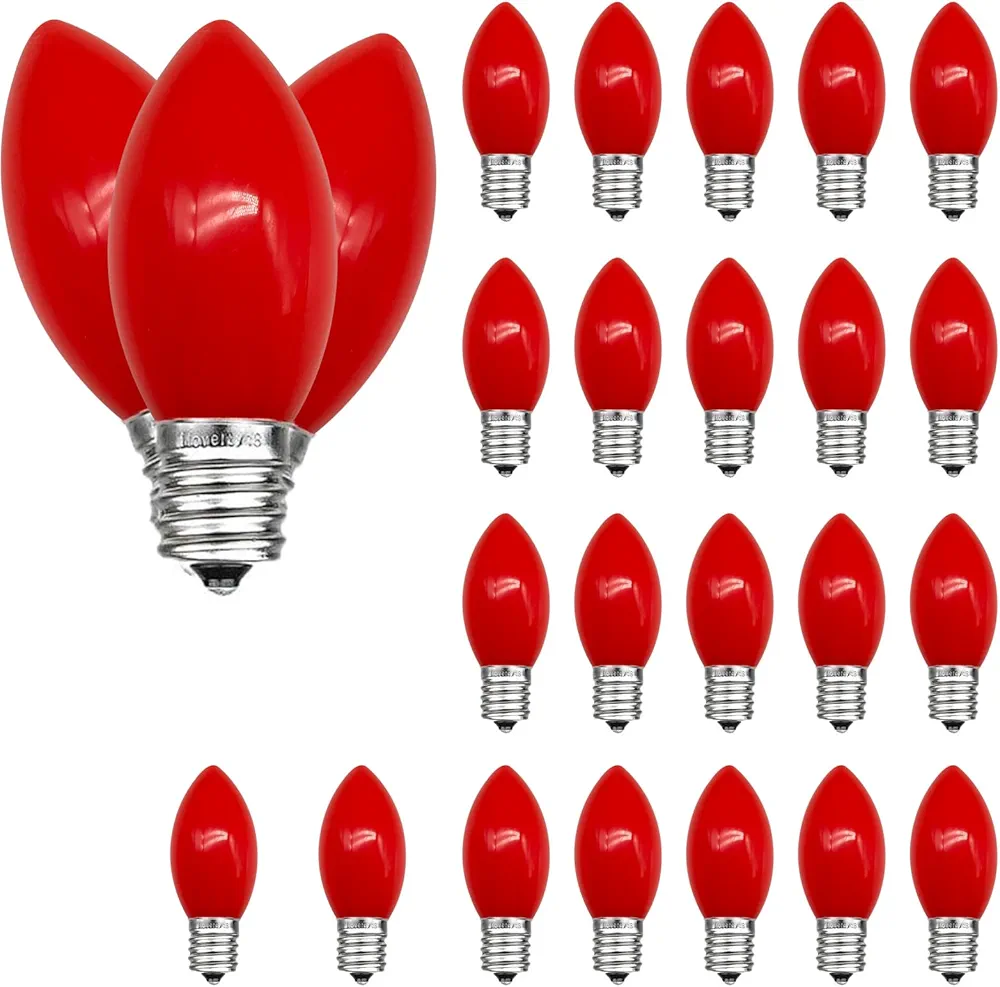 25 Pack Red C9 LED Bulbs, C9 Replacement Bulbs for Christmas Tree Lights Patio String Lights Outdoor Indoor, E17/C9 Intermediate Base, 7 Watt, Ceramic Red
