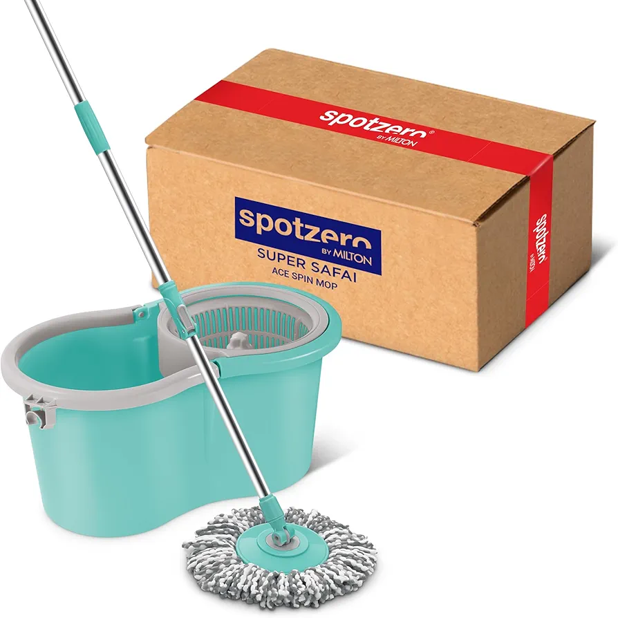 Spotzero by Milton Spin mop and Bucket with Wringer, Extendable Handle 360 Spin mops for Floor Cleaning, 1 Microfiber Refills, Aqua Green, Ace Spin Mop