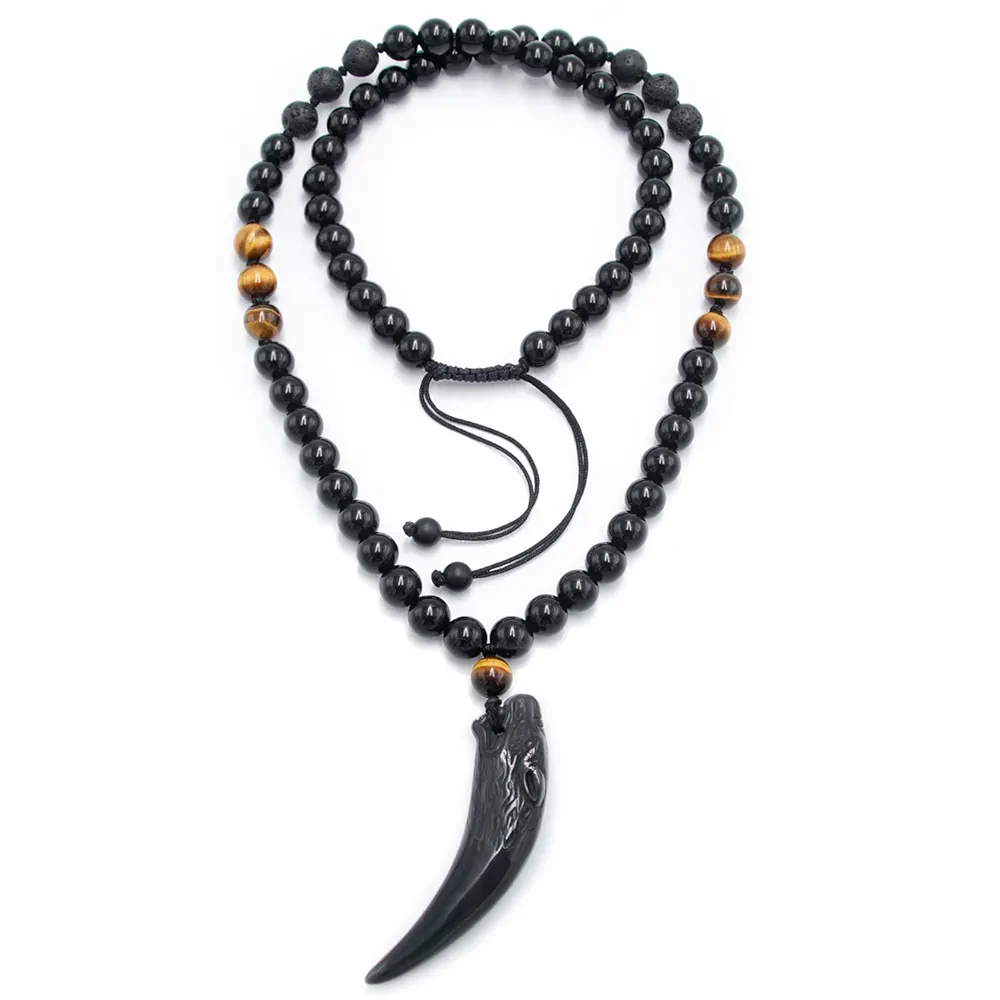Wolf Tooth Necklace Black Obsidian Stone Beads and Tiger Eye Necklace and Tiger Eye Natural Stone Crystal Healing Prayer Necklace for Men Women