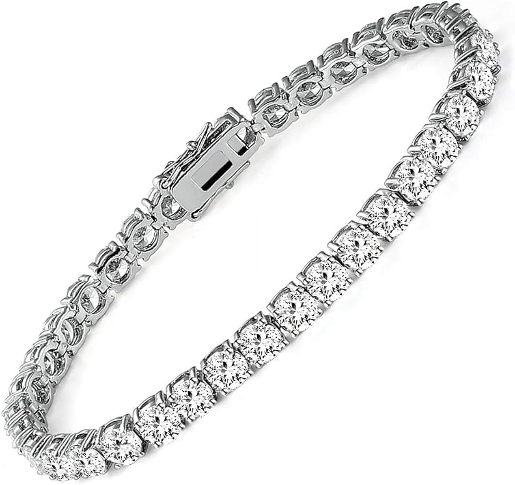 18k White Gold Plated CZ Tennis Bracelet, 4MM Cubic Zirconia Charm Bracelet for Women Men
